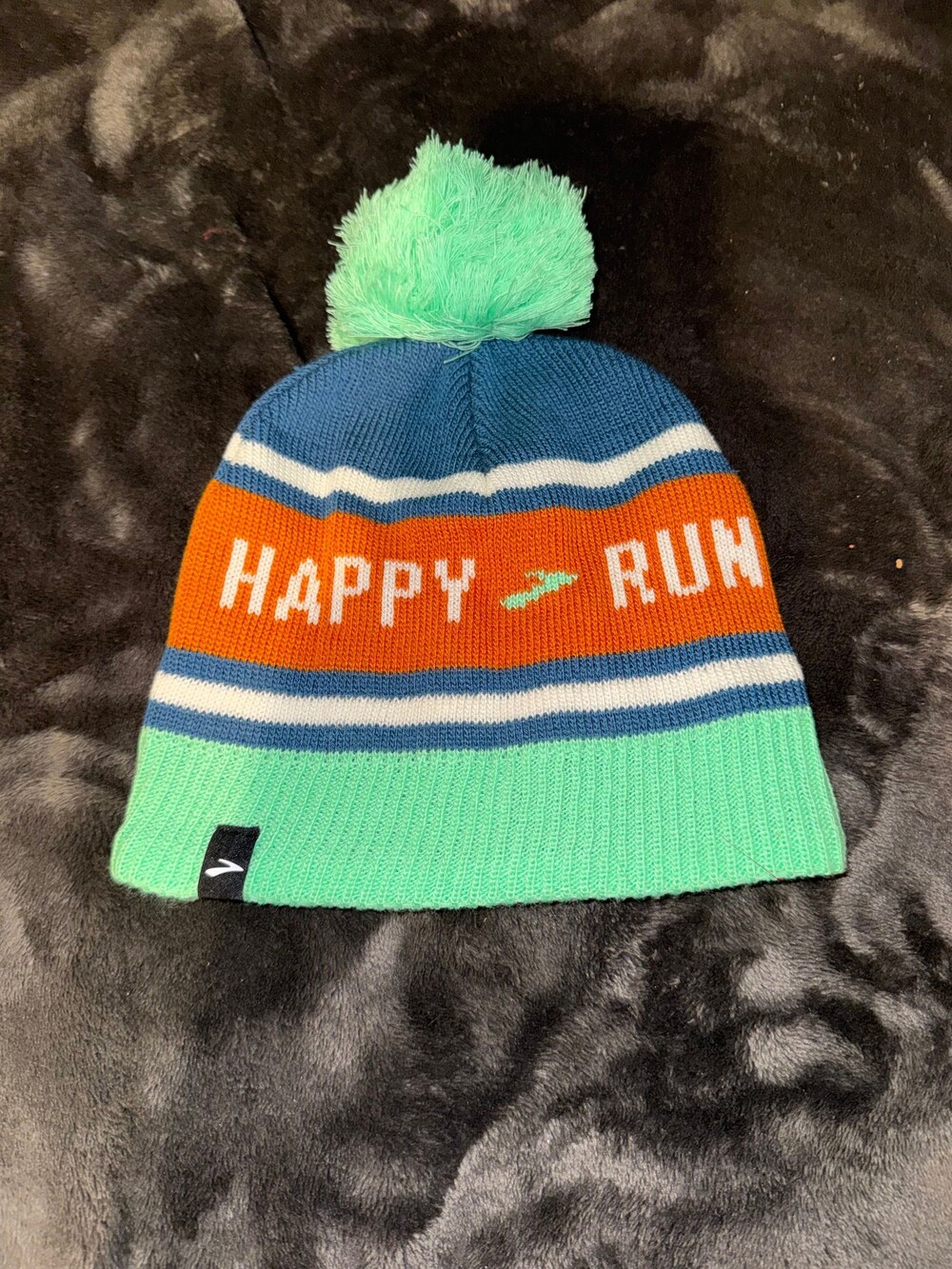 Brooks Pom Beanie One Size Blue Orange Mint Green Knit Hat